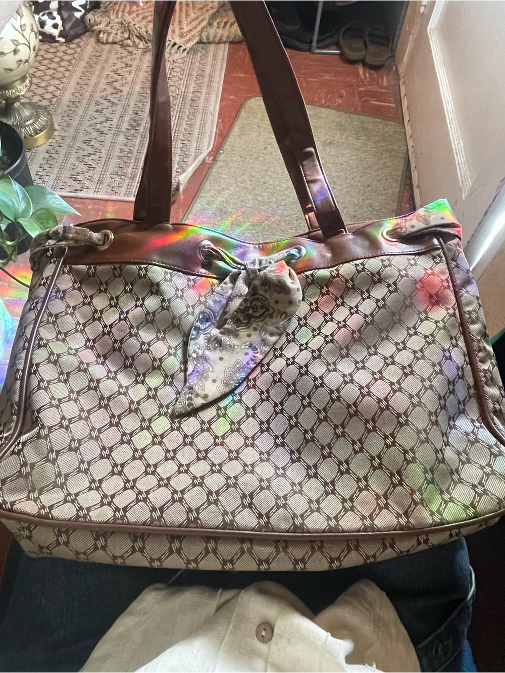 Chadwick's vintage geometric patterned tote bag with a paisley scarf accent
